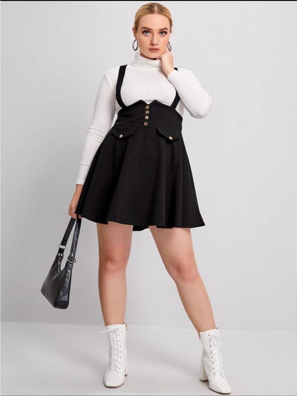 Black Suspender Skirt Dress Bow Gold Buttons Pinafore Size M